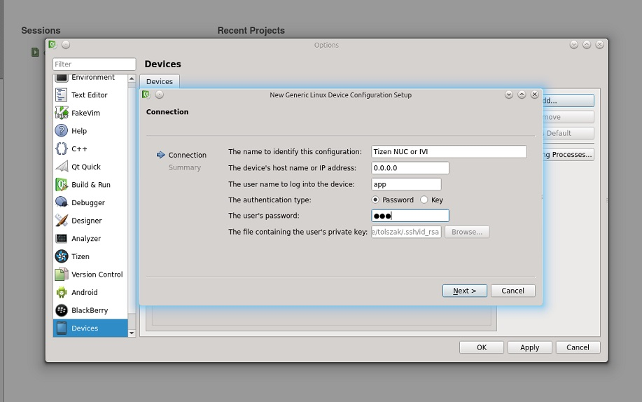 Qt Creator Generic Device configuration